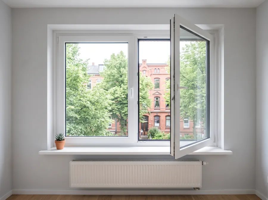 Geöffnetes weißes Dreh-Kipp-Fenster mit sichtbarem Falz, Dichtung, Beschlägen und Fensterbank