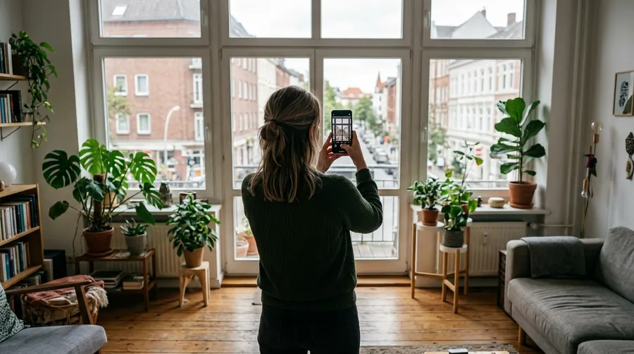 Kundin fotografiert ihre Fenster mit dem Smartphone