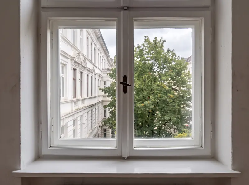 Dasselbe Altbaufenster nach der Reinigung: klares Glas, weißer Rahmen, saubere Fensterbank