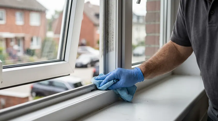 Falz und Dichtung eines geöffneten Kunststofffensters werden mit einem feuchten Mikrofasertuch ausgewischt